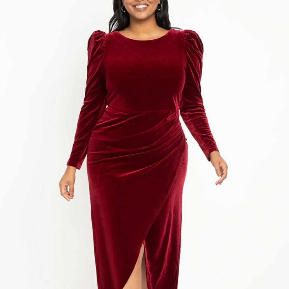 ELOQUII Velvet Puff Sleeve Wrap Skirt Dress